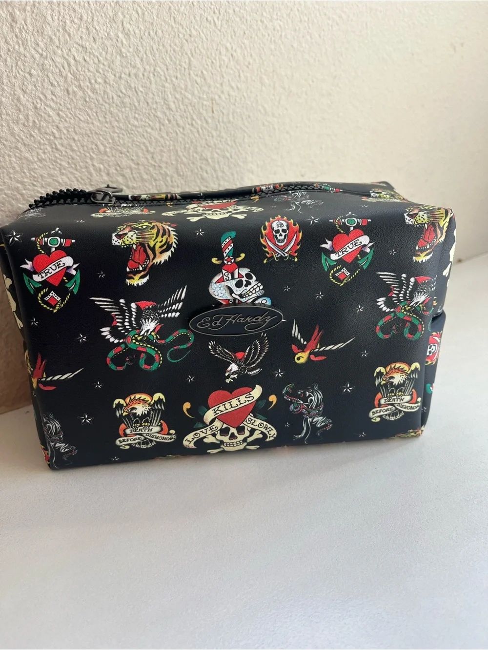 Ed Hardy Black Tattoo-Print Cosmetic Bag with Multicolor Motifs